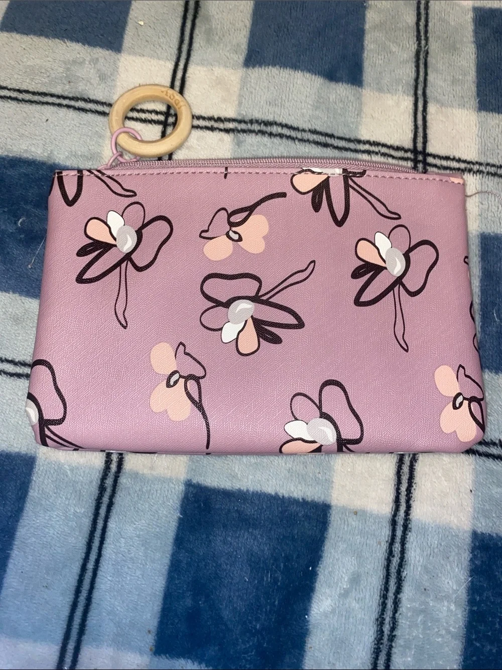 ipsy Pink Floral Wristlet Pouch with Wooden Ring